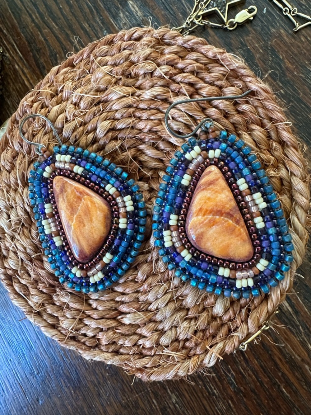 Handmade Blue and Orange Beaded Teardrop Earrings
